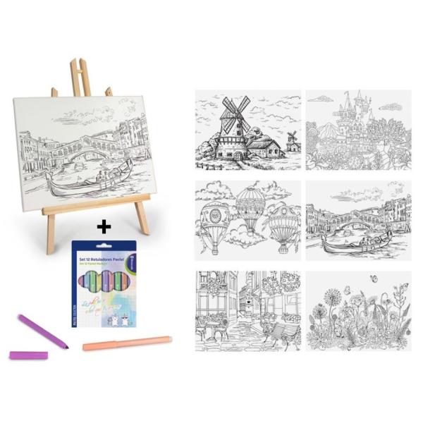 Kit Criativo Tela com Cavalete + 12 Marcadores Pastel