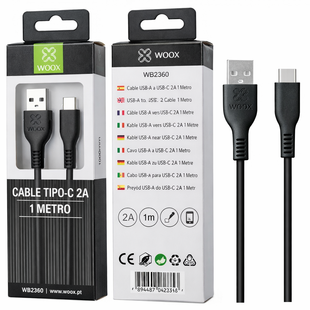 Cabo WOOX WB2360 USB-C para USB-A 2A 1 m – Preto