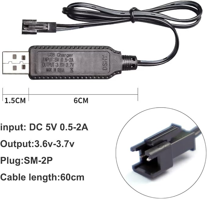 Cabo de Carregamento USB 3,6 V/3,7 V para baterias recarregáveis LiPo SM-2 pinos - Multi4you®