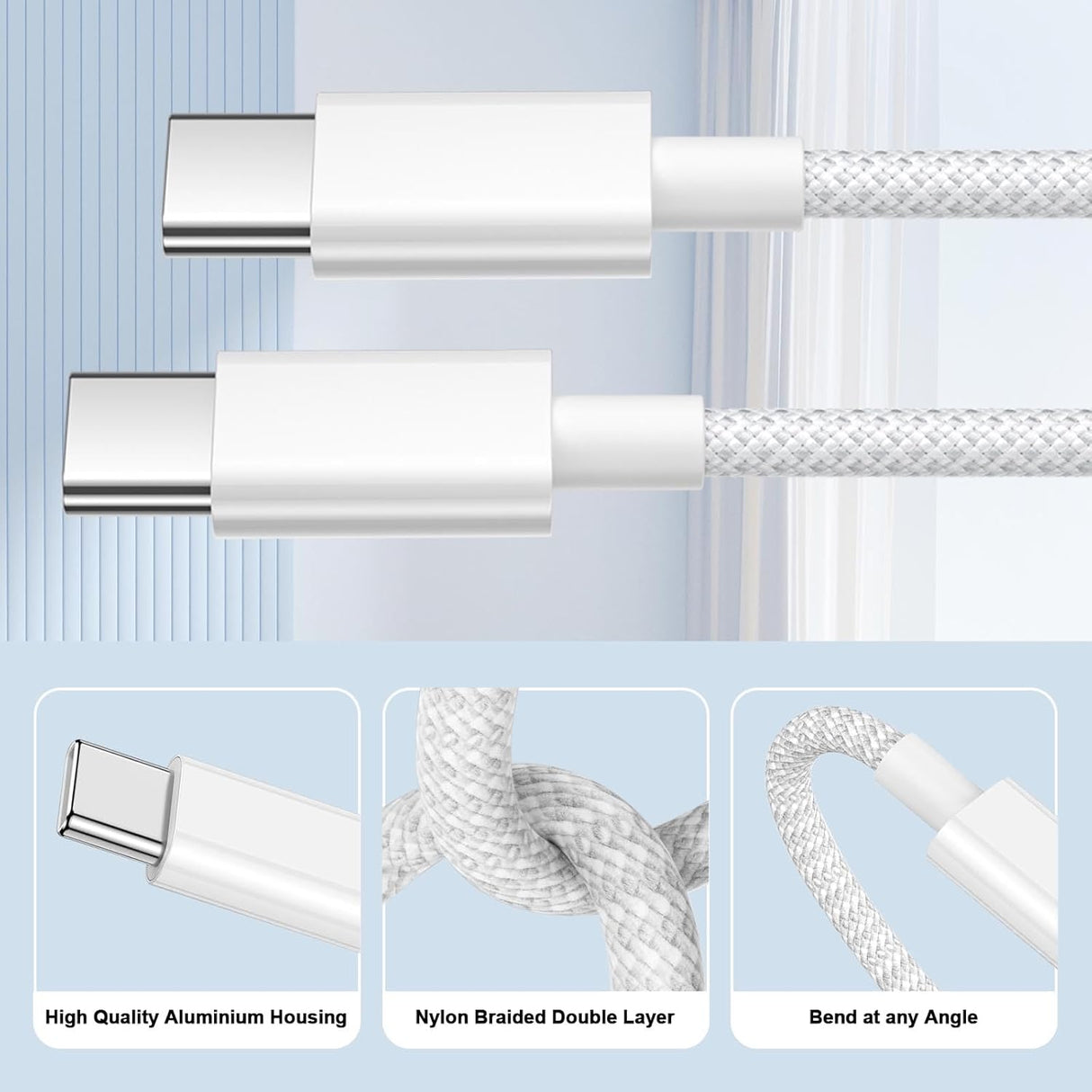 Cabo USB-C para USB-C 2M Nylon Branco 60W Carga Rápida