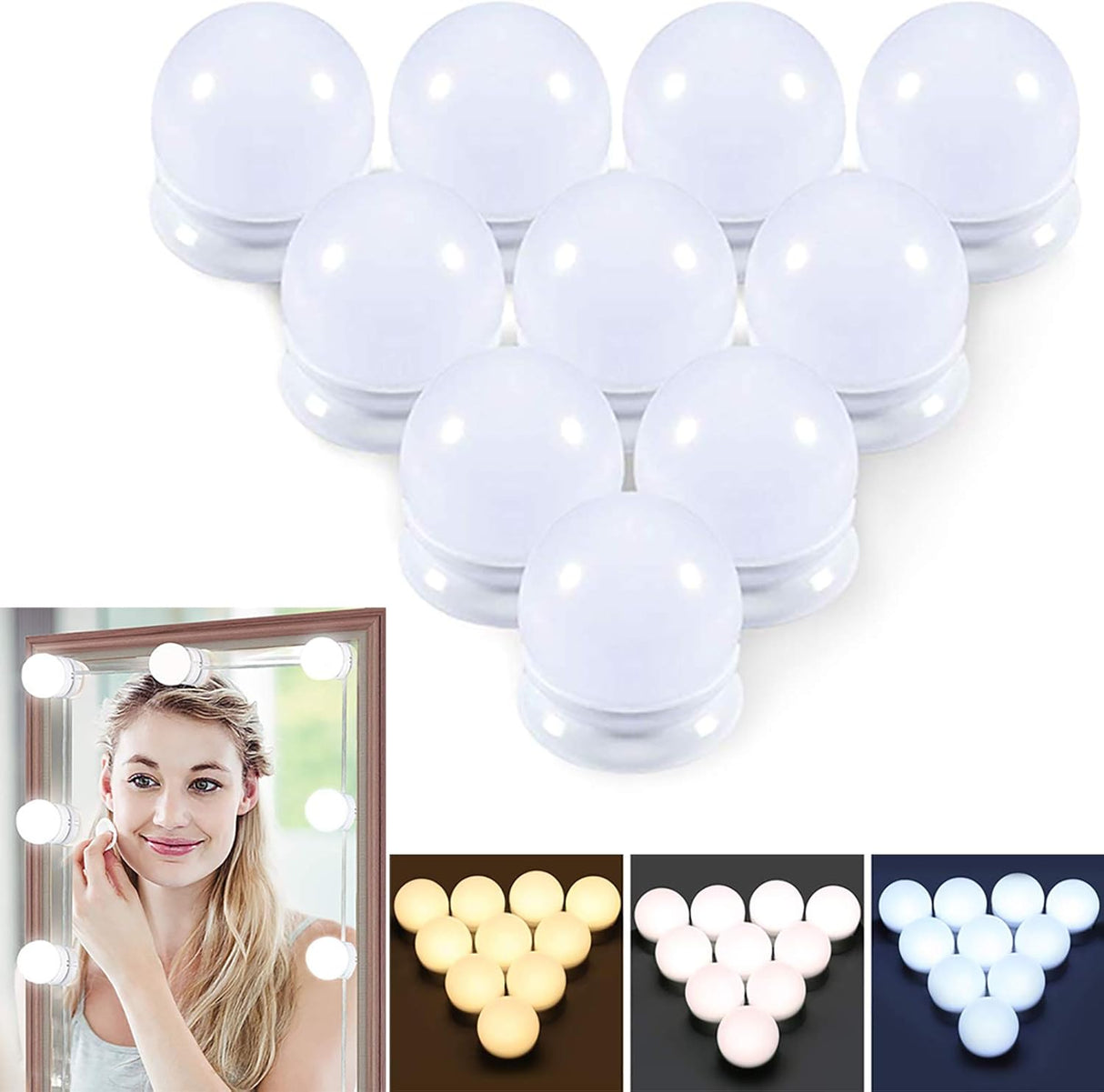 Tira de Lâmpadas LED para Espelho | 10 Bombillas | 3 Modos de Luz | USB
