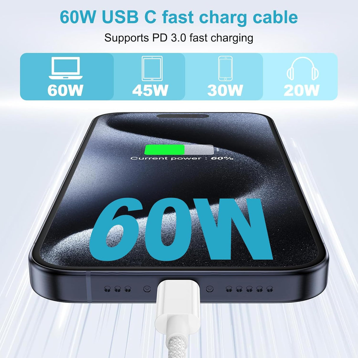 Cabo USB-C para USB-C 2M Nylon Branco 60W Carga Rápida