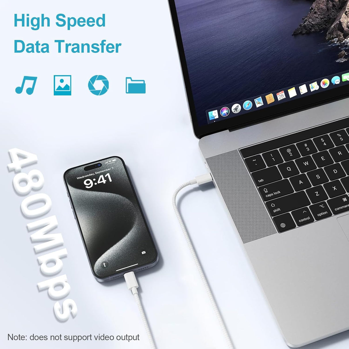 Cabo USB-C para USB-C 2M Nylon Branco 60W Carga Rápida