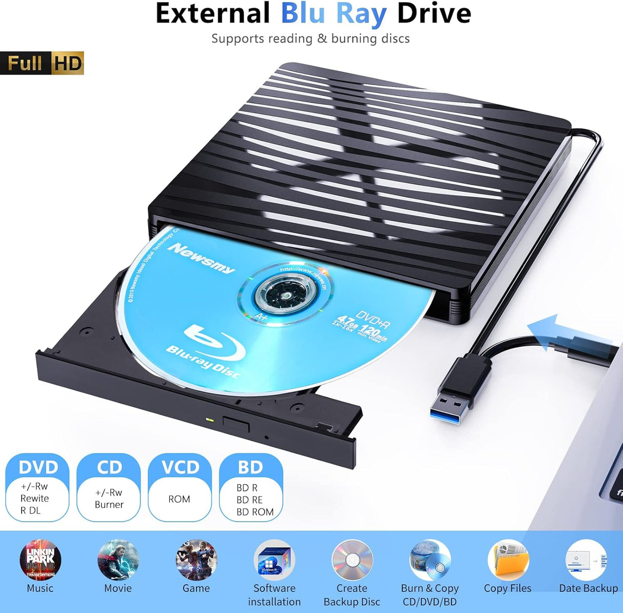 Gravador e Leitor Externo Blu-ray Archgon – USB 3.0, Compatível com Windows e Mac, Design Premium em Alumínio