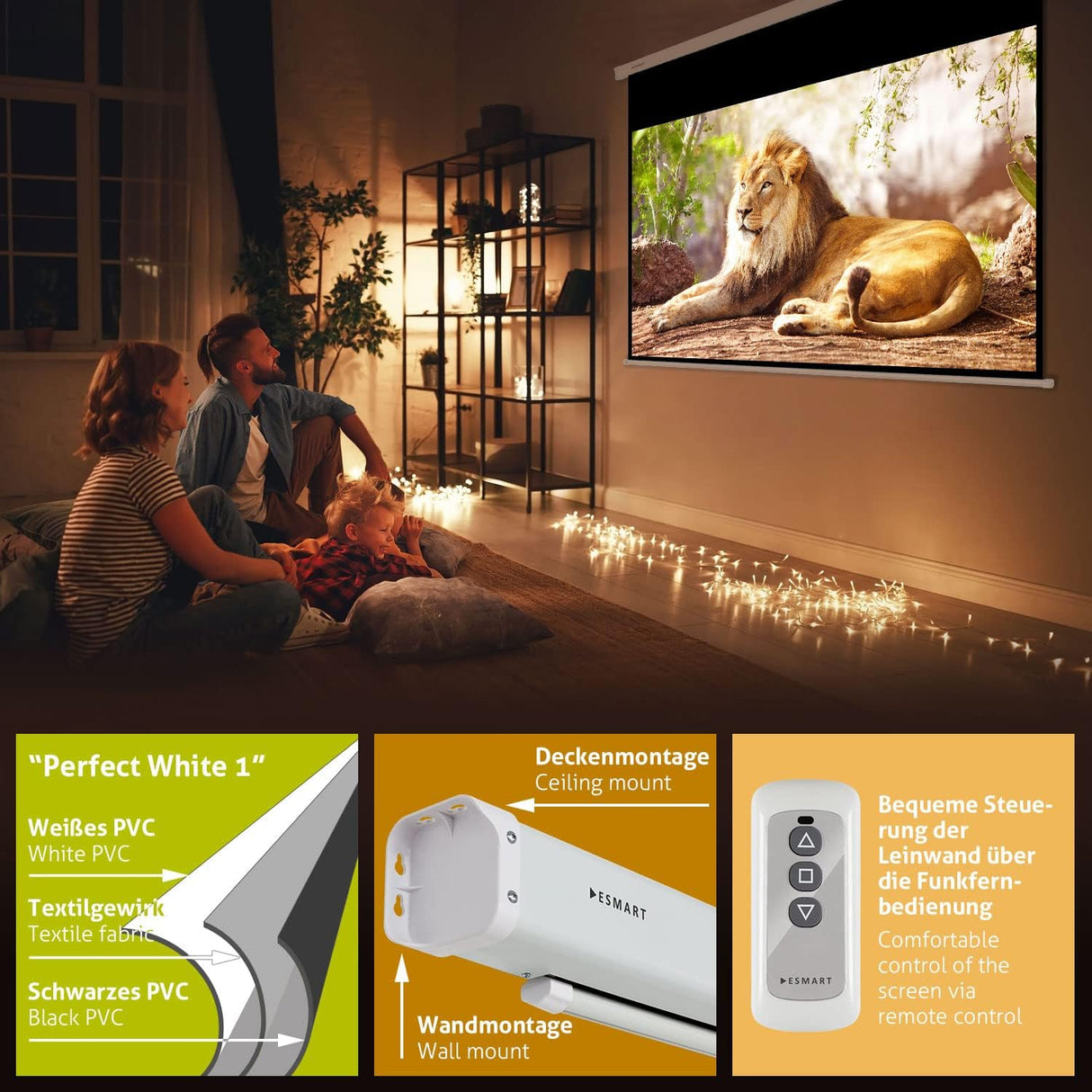 Tela de projeção elétrica 240X135cm 108'' formato de 16:9 | controlo remoto