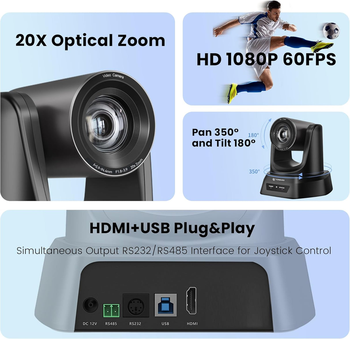 Câmara PTZ HDMI/USB 1080P 60FPS Zoom Óptico 20x - Multi4you®