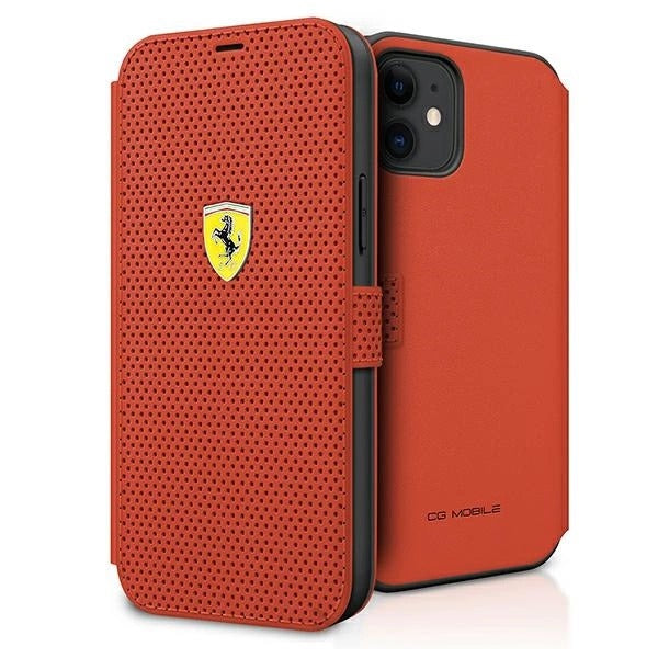 Capa Ferrari FESPEFLBKP12SRE On Track Perforated tipo Livro para iPhone 12 Mini 5.4" – Vermelha