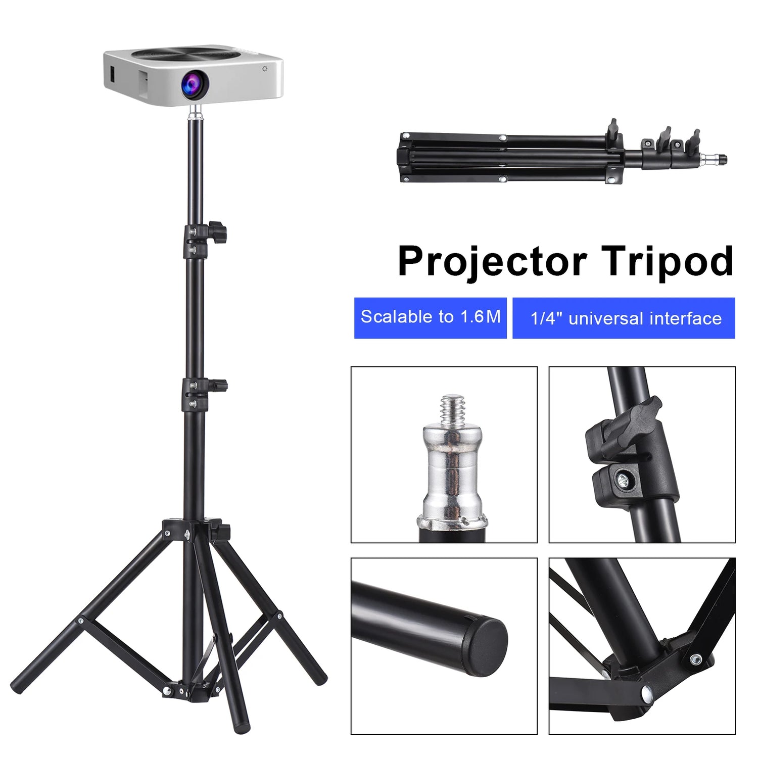 Tripé Universal para Projetor/Telemóvel– Altura Ajustável até 1,6m | Suporte Portátil com Rosca 1/4"