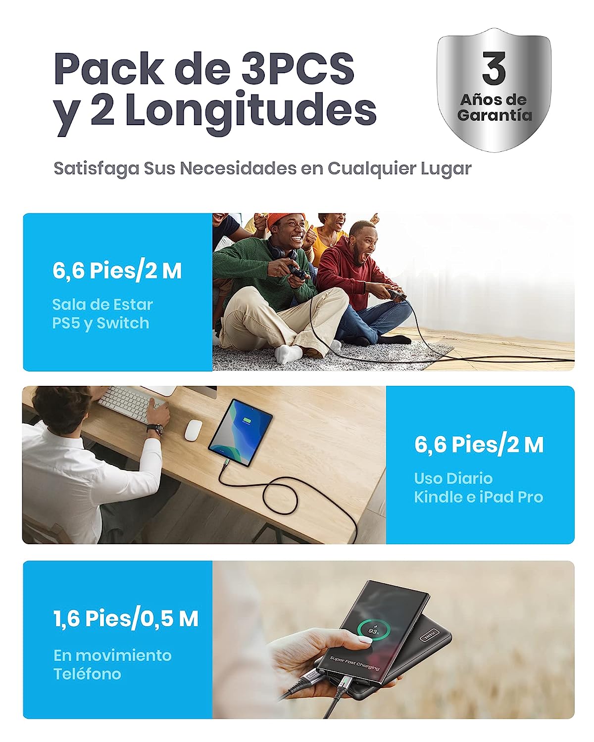 USB C 3.1 Fast Charging Pack 3 Cabos (2x 2m + 1x 0,50m) Nylon Ultra Resistente