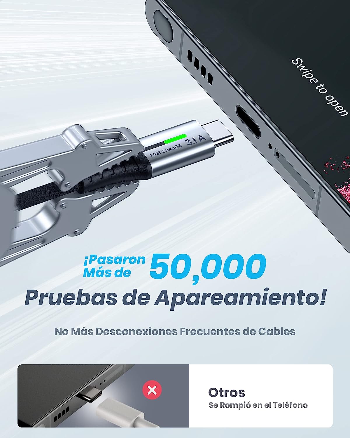 USB C 3.1 Fast Charging Pack 3 Cabos (2x 2m + 1x 0,50m) Nylon Ultra Resistente