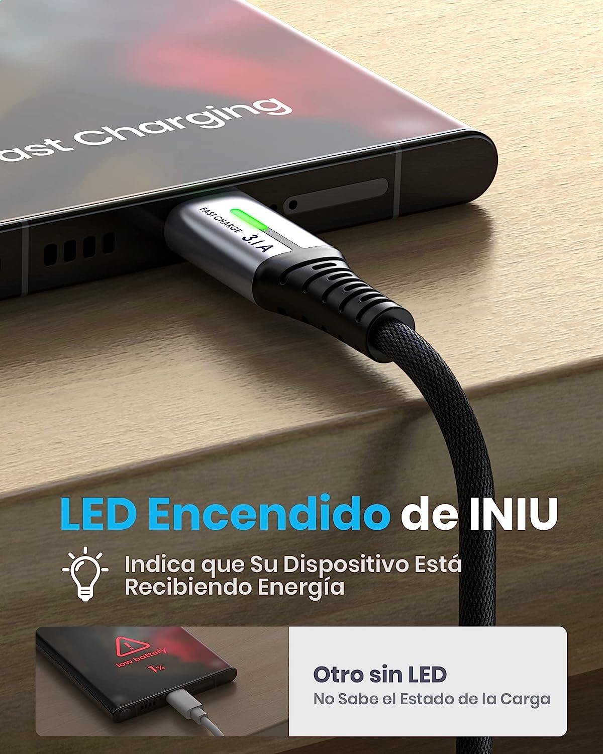 USB C 3.1 Fast Charging Pack 3 Cabos (2x 2m + 1x 0,50m) Nylon Ultra Resistente