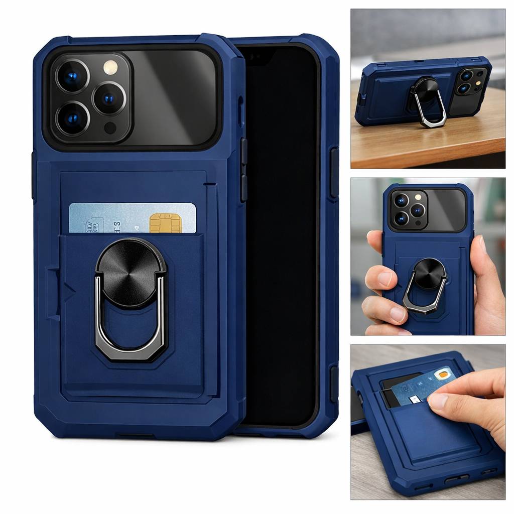Capa Reforçada Azul com Suporte e Porta-Cartões para iPhone 12 Pro