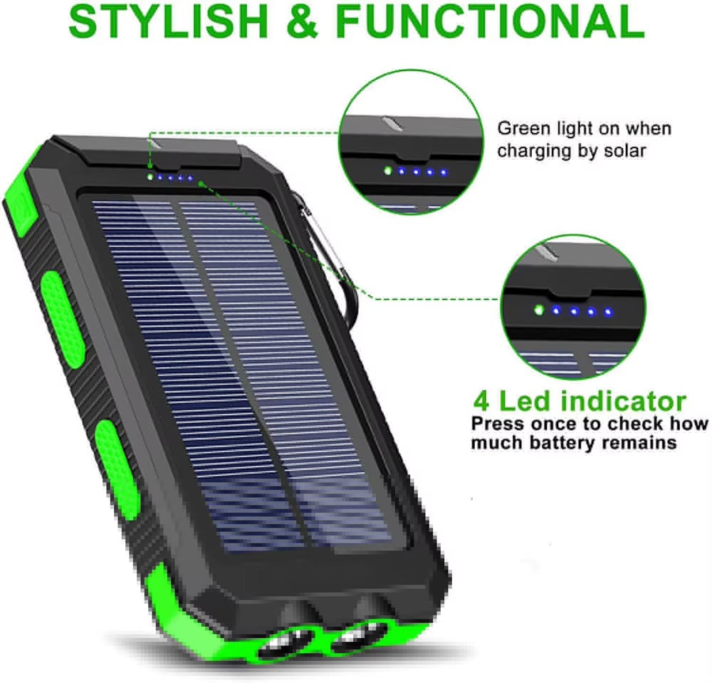 Power Bank Solar 10000mAh com Lanterna LED e Bússola