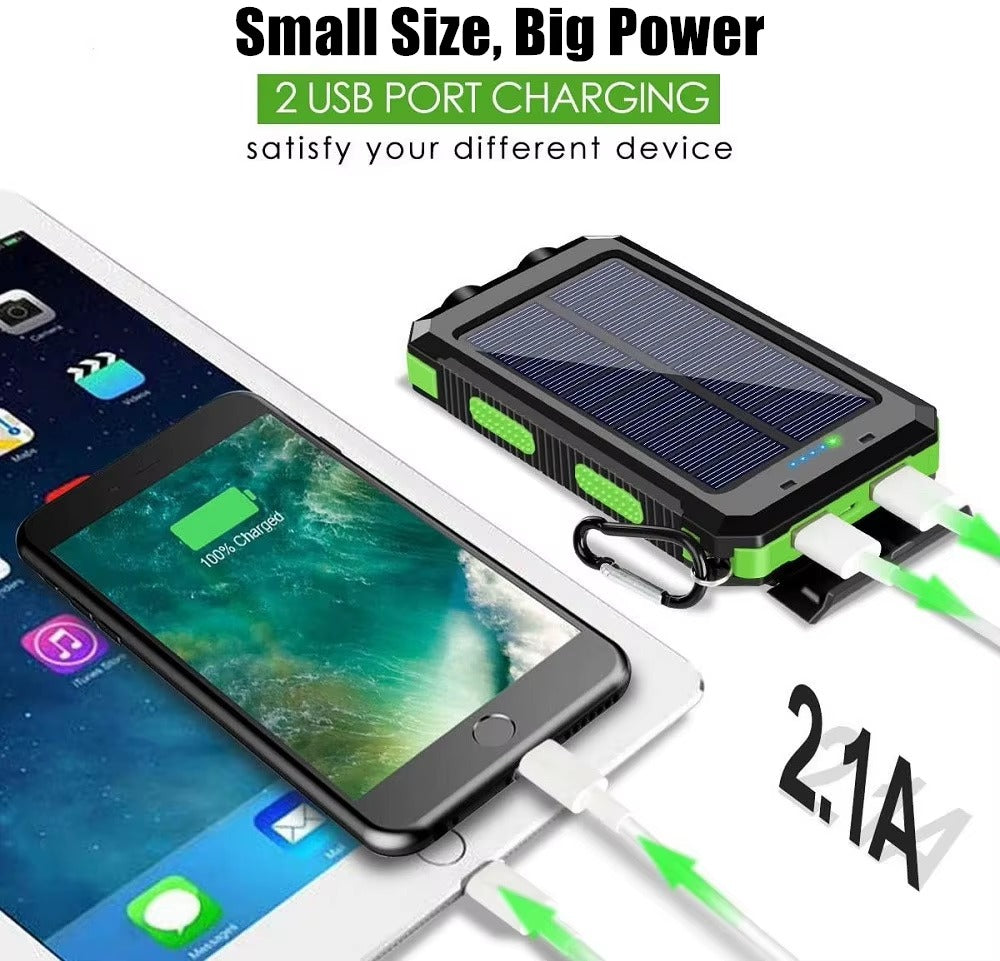 Power Bank Solar 10000mAh com Lanterna LED e Bússola