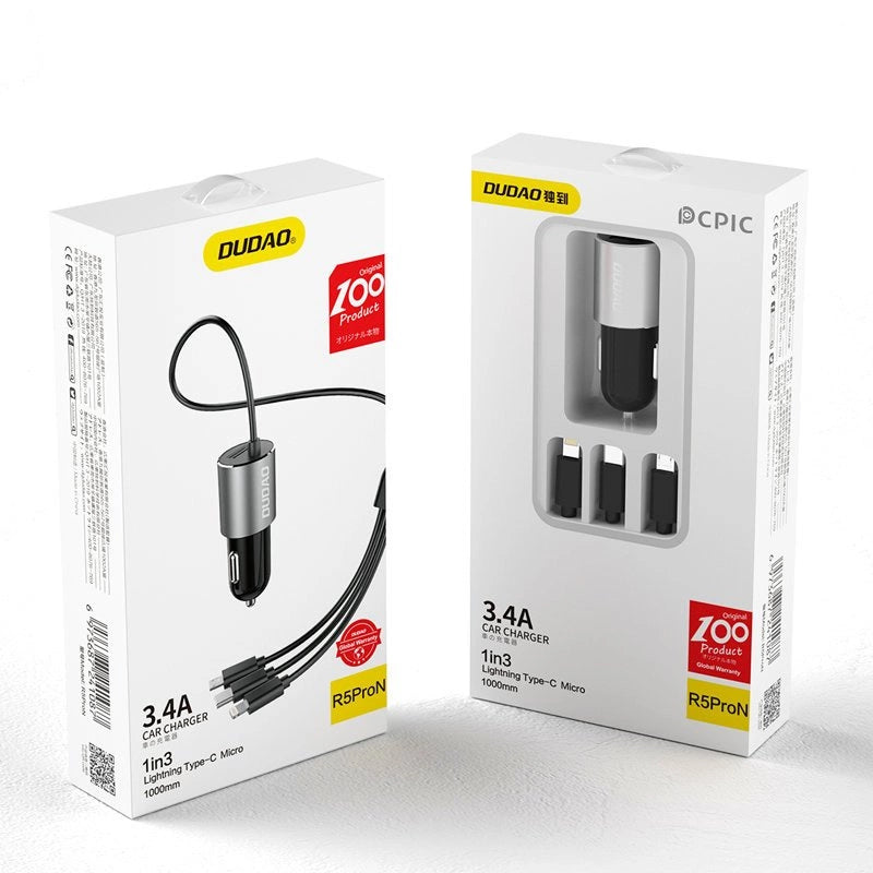 Carregador de carro Dudao 3 em 1 USB 3,4 A com cabo Lightning / USB Tipo C / micro USB preto (R5ProN preto)