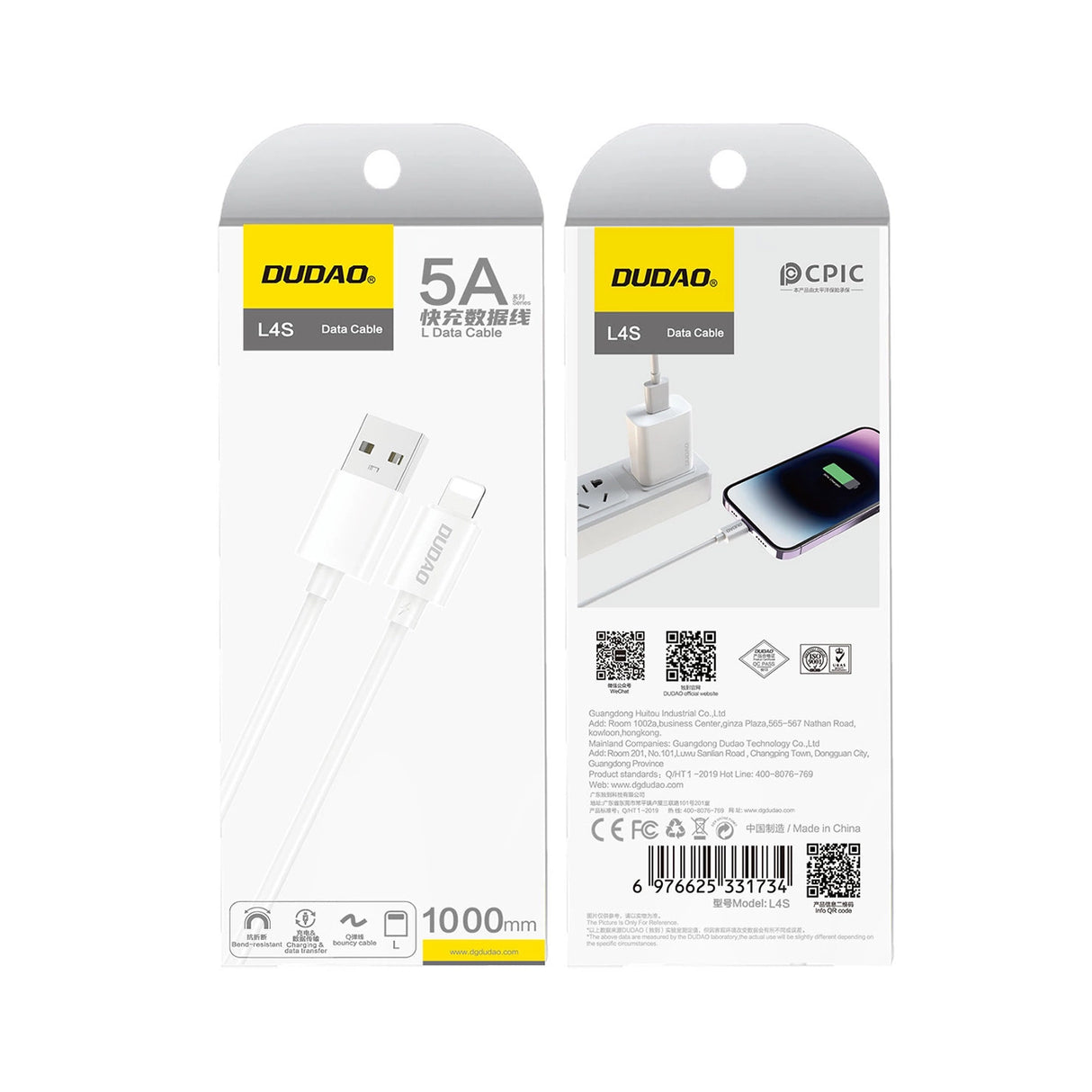 Cabo Dudao L4SL USB-A / Lightning 2A 1m - branco