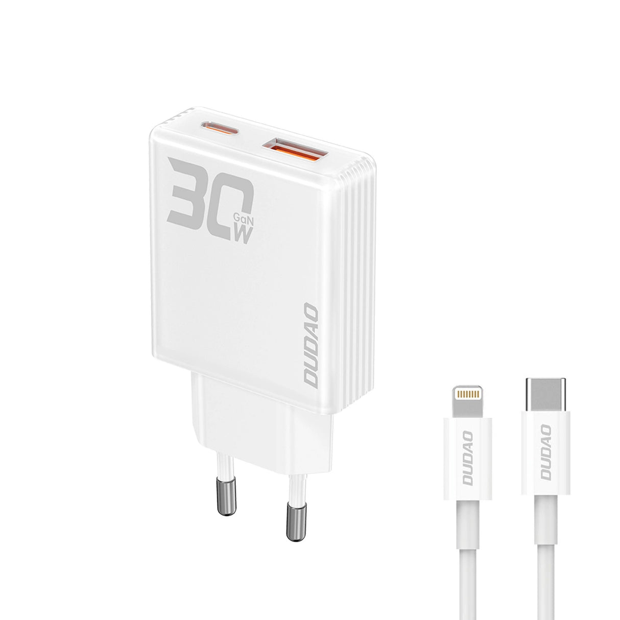 GaN Dudao A30EUT 30W USB-A / USB-C Carregador de Parede + USB-C - Lightning Cabo - Branco