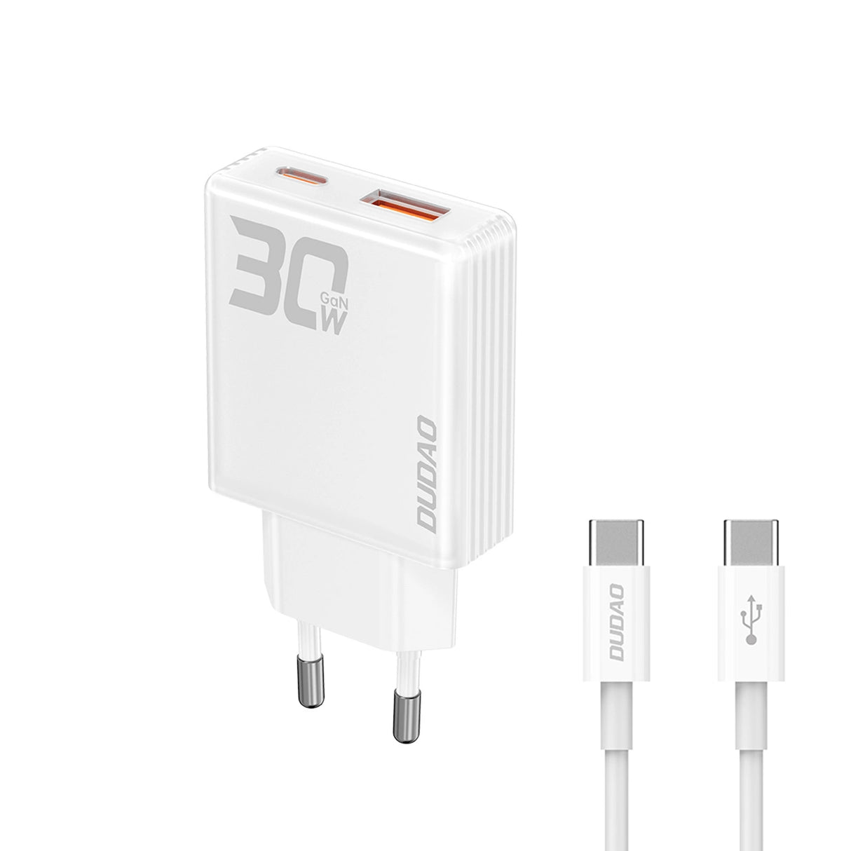 GaN Dudao A30EUT 30W USB-A / USB-C Carregador de Parede + USB-C - USB-C Cabo - Branco