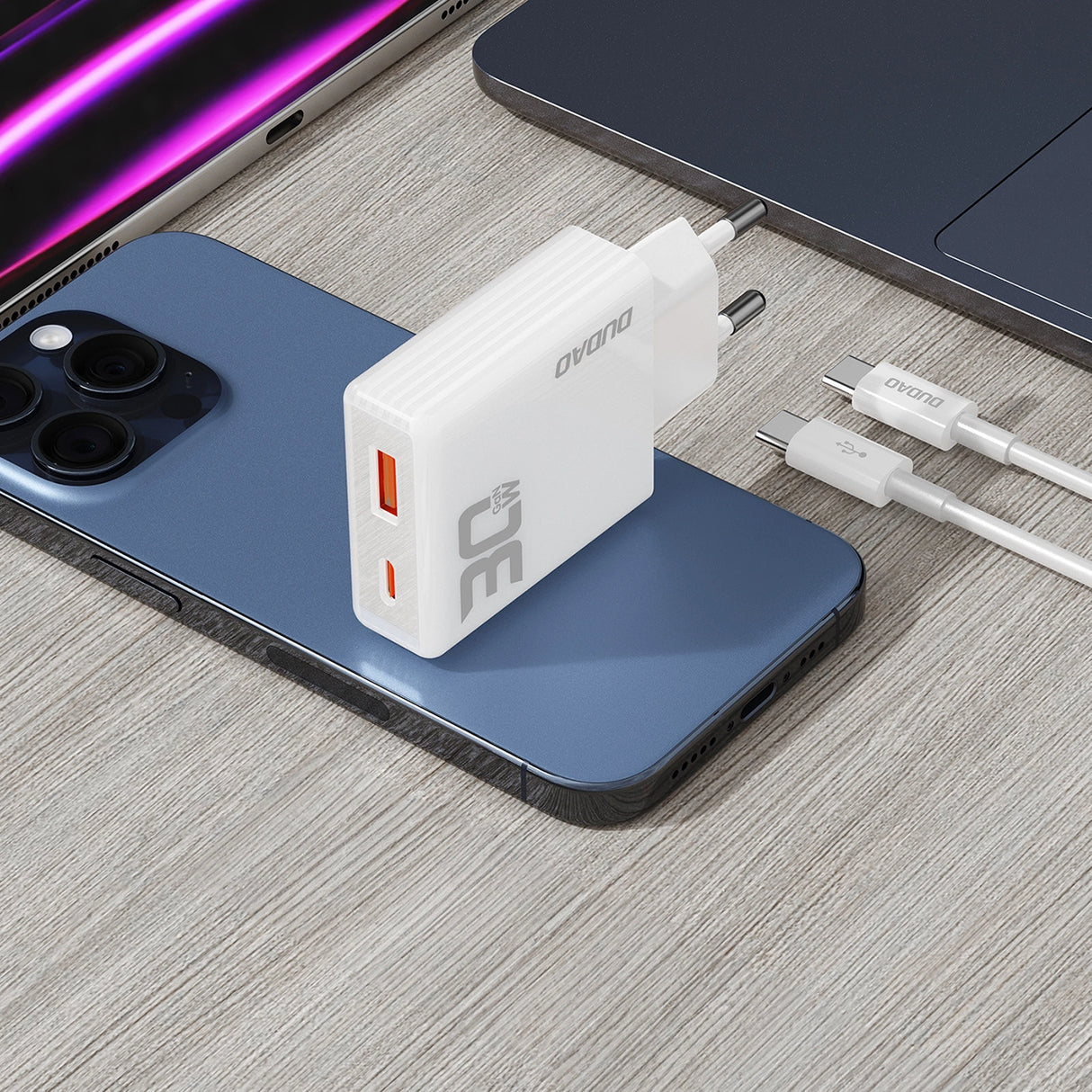 GaN Dudao A30EUT 30W USB-A / USB-C Carregador de Parede + USB-C - USB-C Cabo - Branco