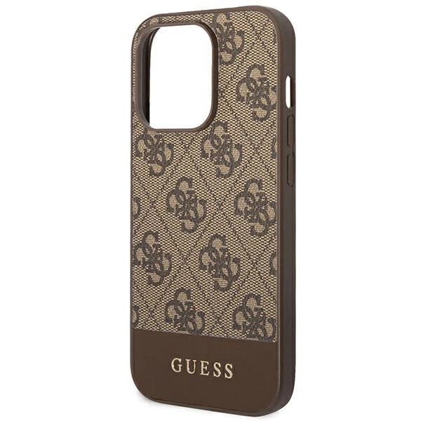 Capa rígida castanho para iPhone 14 Pro 6,1" Guess GUHCP14LG4GLBR da coleção 4G Stripe.