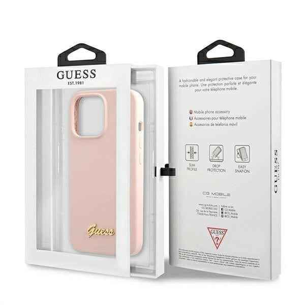 Capa Guess Silicone Script com Logo Dourado e MagSafe para iPhone 13 Pro Max - rosa claro