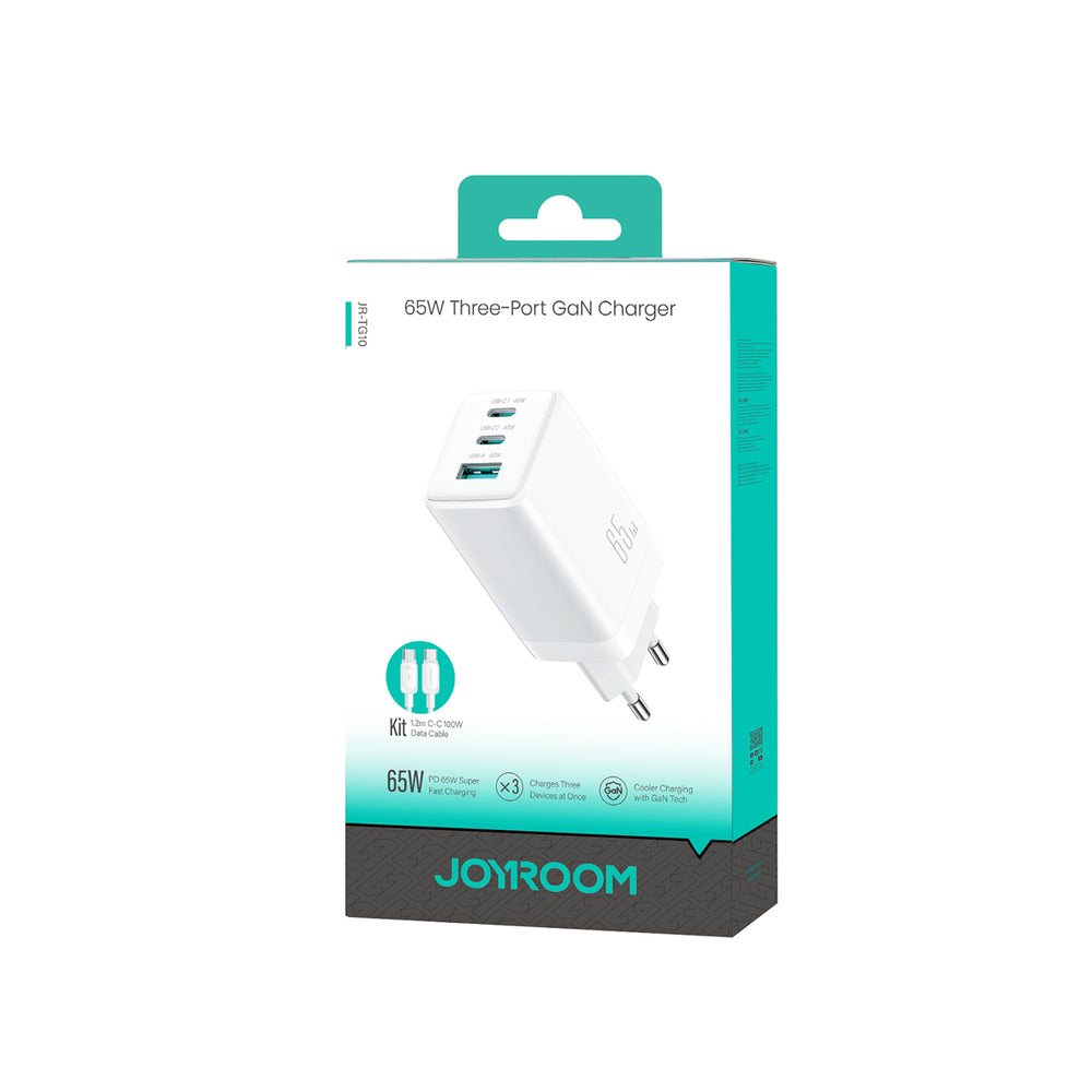 Carregador de Parede Joyroom JR-TG10 65W GaN 2x USB-C + USB-A com cabo USB-C 1,2m 100W - Branco
