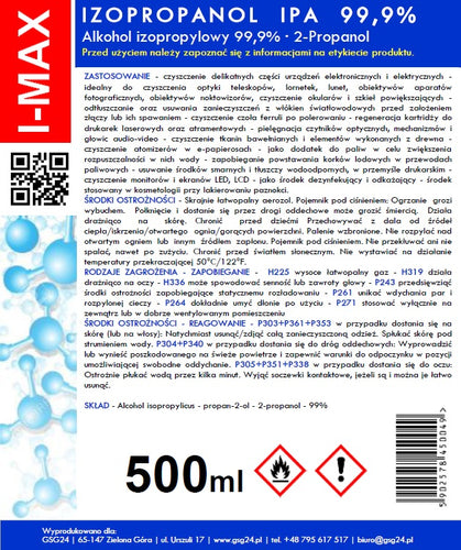 Álcool isopropílico Isopropanol IPA I-MAX 99,9% Spray 500ML