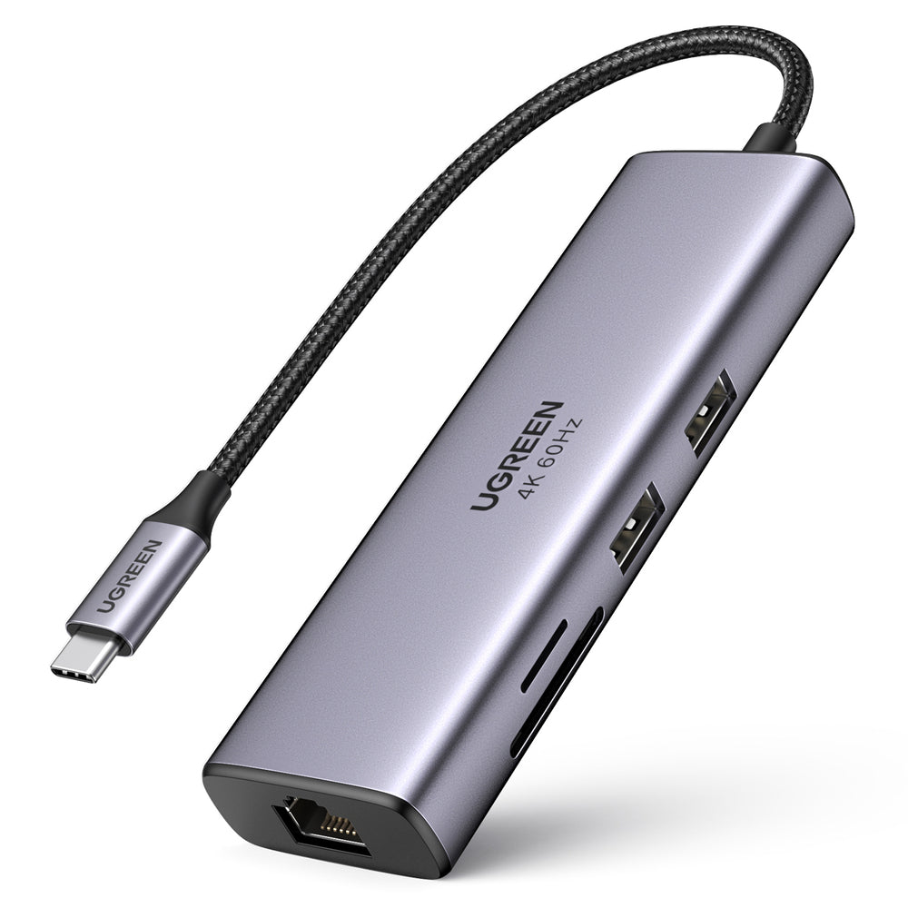 Hub 7w1 Ugreen CM512 USB-C / 2x USB-A 3.2 / HDMI 4K / leitor de cartão SD TF / USB-C PD 100W / RJ45 - cinza