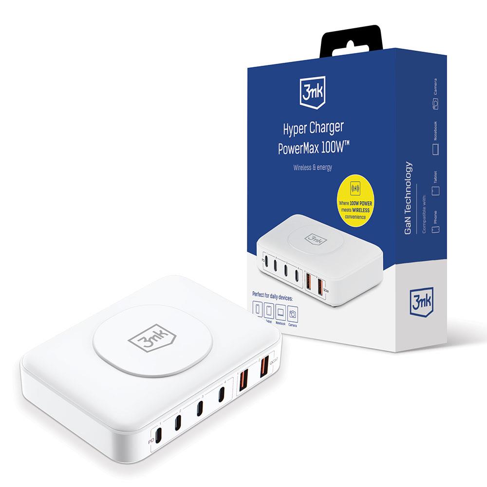 Carregador de mesa 3mk Hyper Charger PowerMax 100W sem fio, com 4x USB-C e 2x USB-A - branco
