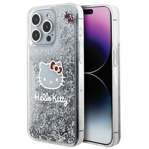 Capa Hello Kitty com Glitter Líquido e Pingentes de Cabeça da Kitty para iPhone 15 Pro Max - prateada