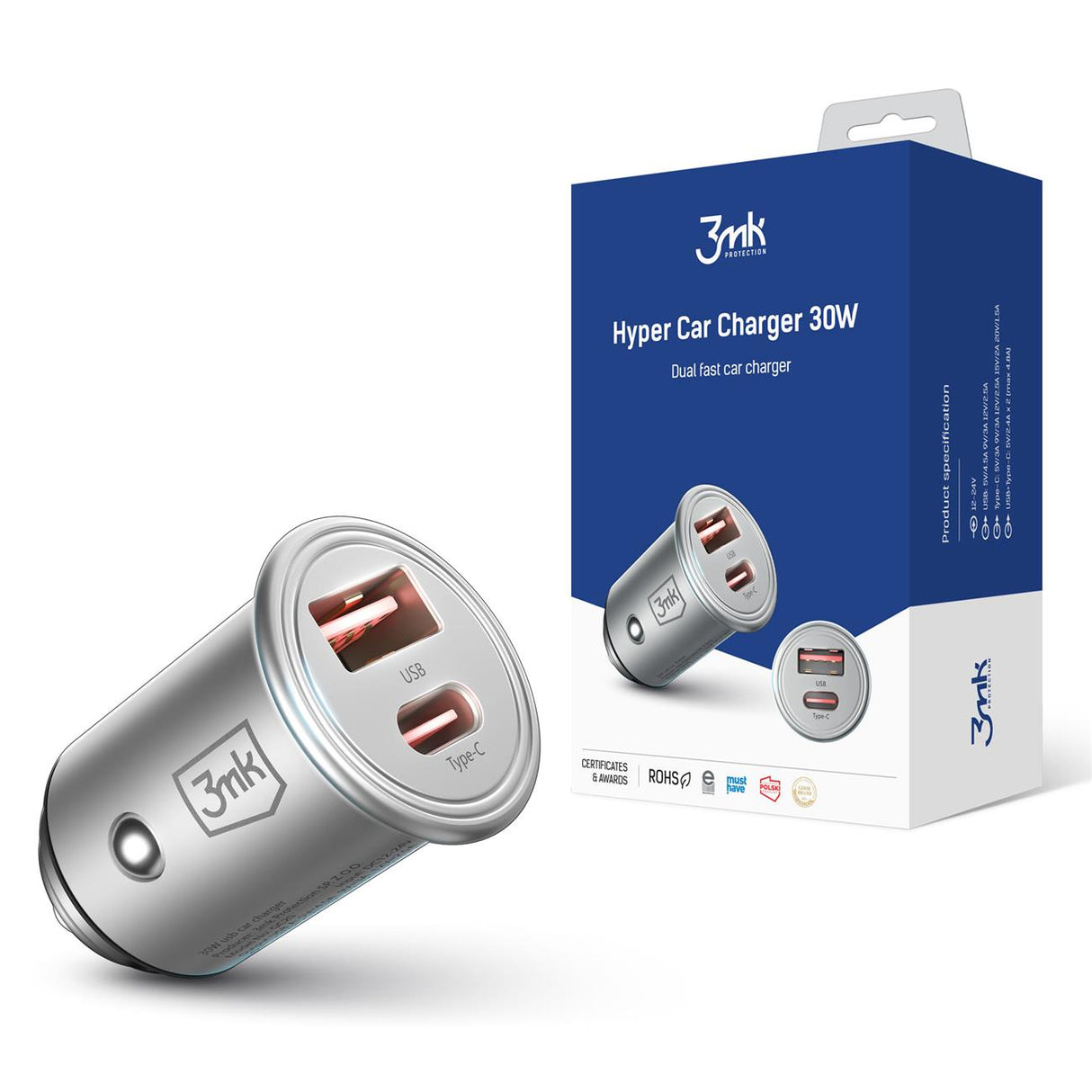 Carregador de carro 3mk Hyper Car Charger 30W USB-C USB-A - prateado