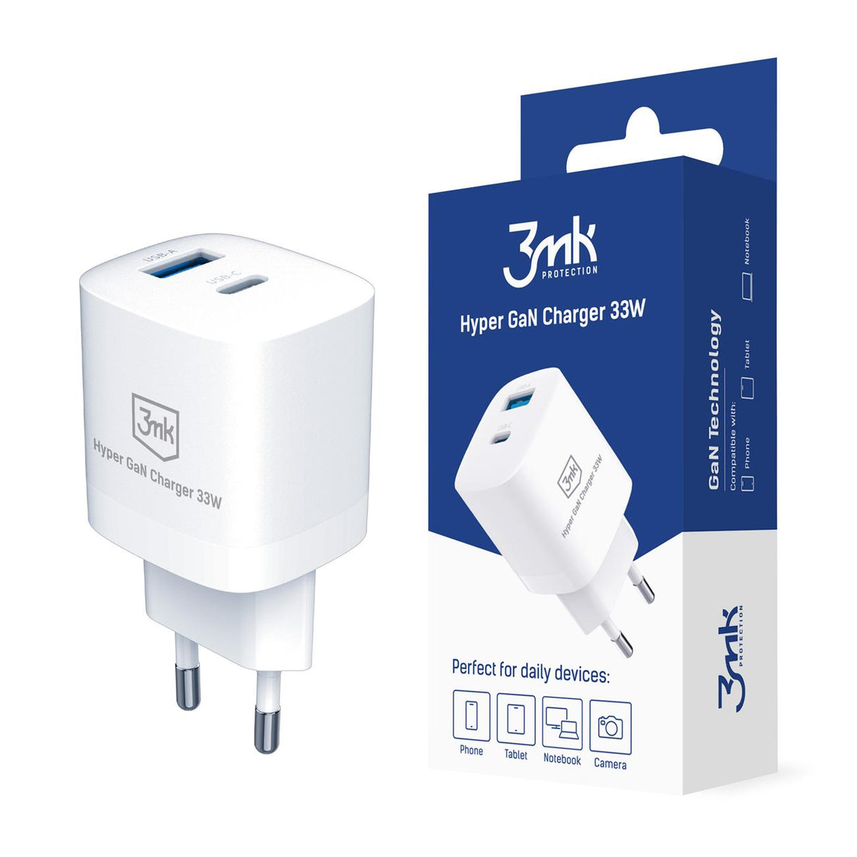 Carregador de rede 3mk Hyper Charger GaN 33W USB-C USB-A - branco