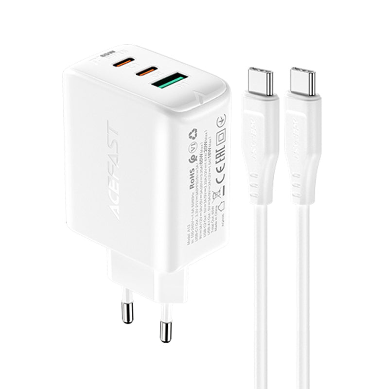Carregador de rede Acefast 2 em 1 com 2x USB-C / USB-A 65W, PD, QC 3.0, AFC, FCP (conjunto com cabo USB-C de 1.2m) branco (A13 branco)