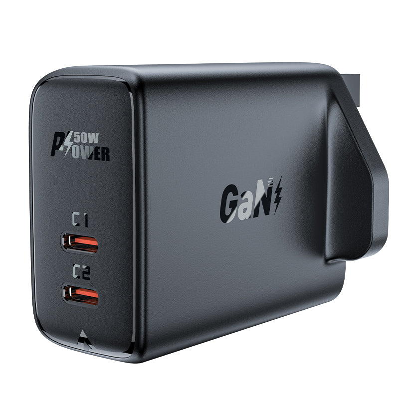 Acefast Carregador de Rede GaN (plugue UK) 2x USB Tipo C 50W, Power Delivery, PPS, Q3 3.0, AFC, FCP preto (A32 UK)