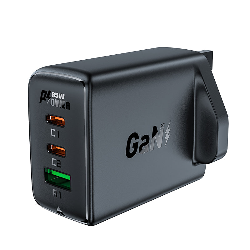 Acefast Carregador GaN 65W 3 portas (1xUSB, 2xUSB C PD) plugue UK preto (A44)