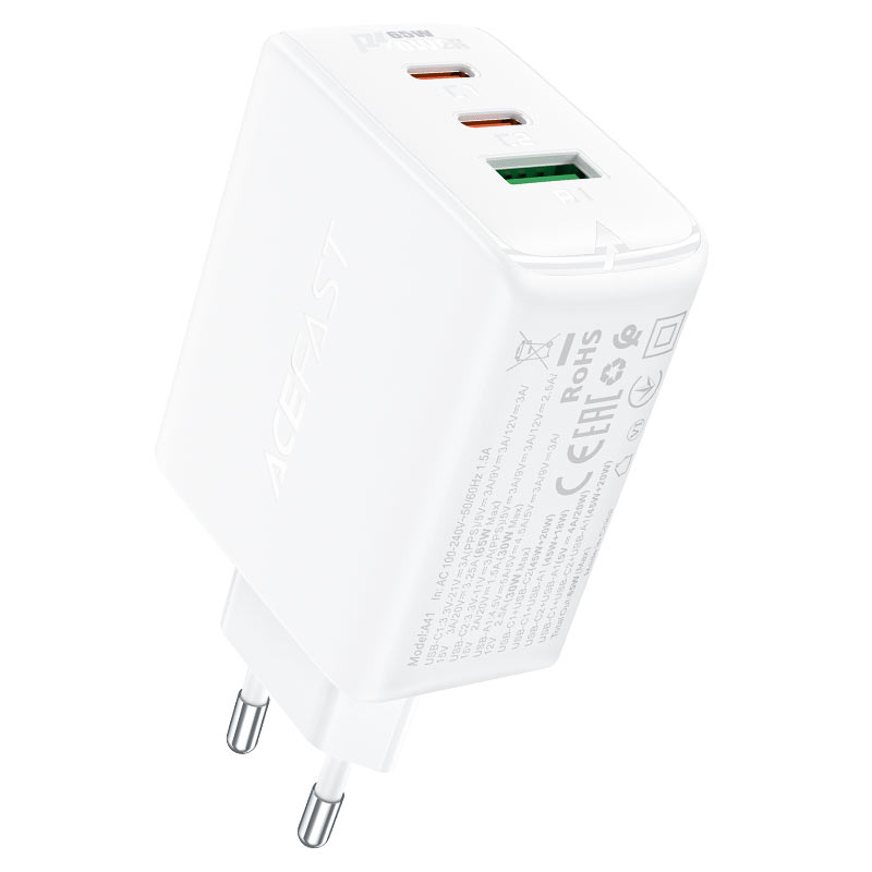 Acefast carregador de rede rápido GaN (2x USB-C / USB-A) PPS / PD / QC4+ 65W branco (A41)