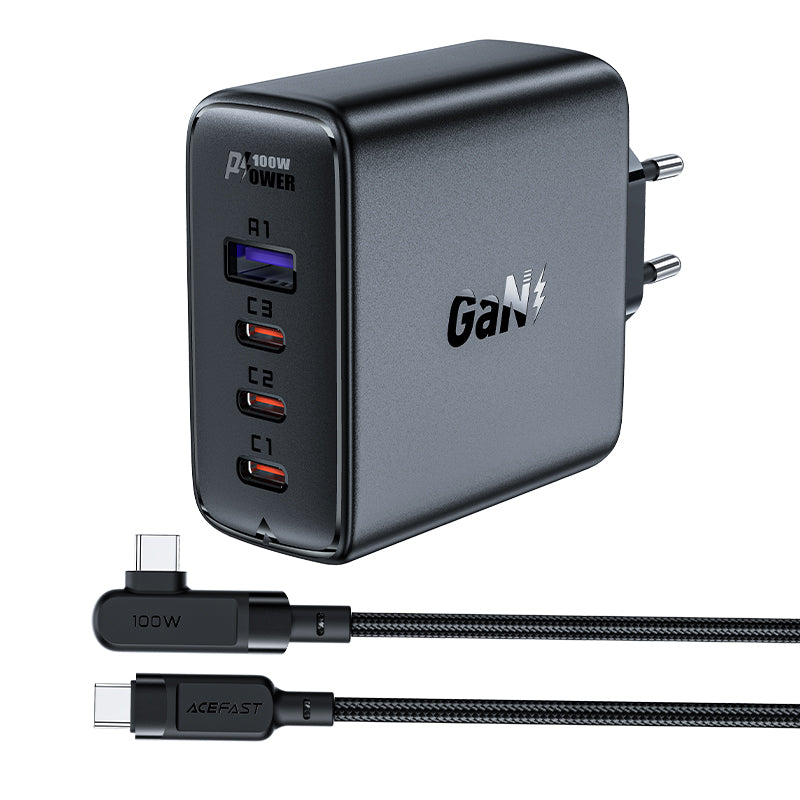 Acefast carregador de rede rápido GaN com 3xUSB-C/1xUSB-A 100W preto + cabo angular USB-C para USB-C 100W 2m preto