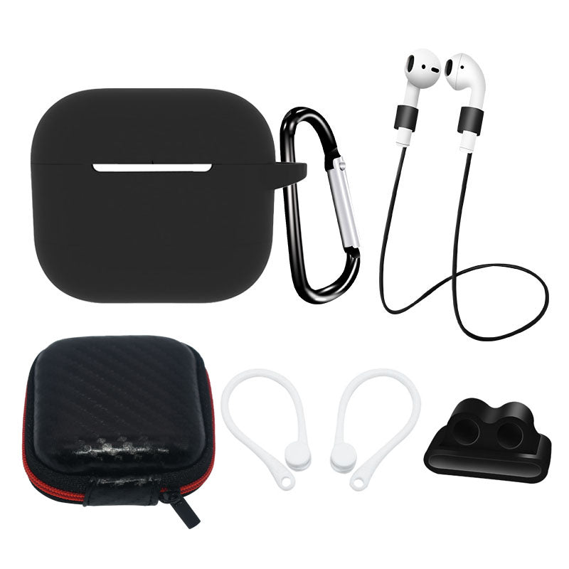 Kit de capa de silicone para AirPods 3 + estojo / gancho de orelha / alça de pescoço / suporte para pulseira de relógio / mosquetão - preto
