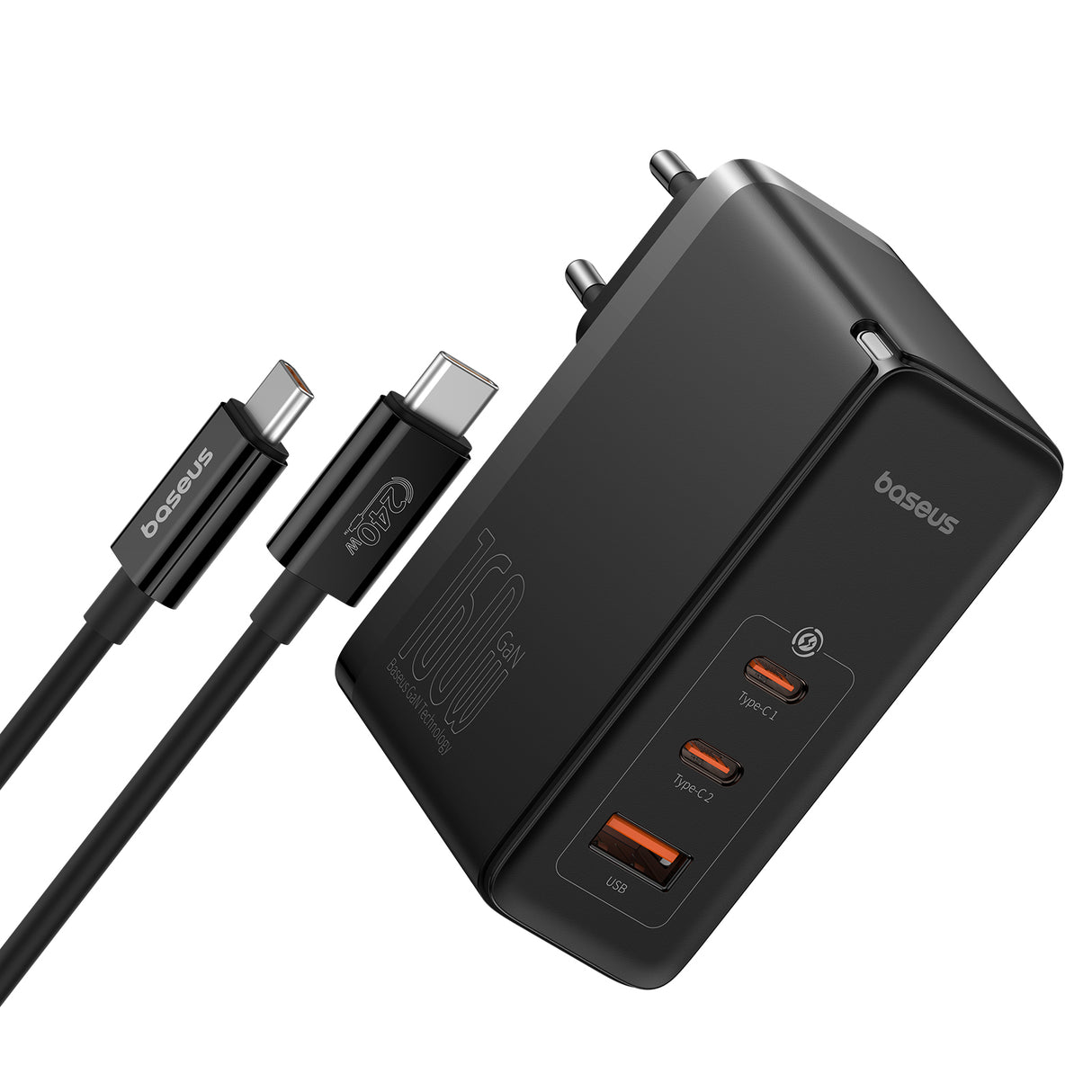 Carregador de Rede GaN Baseus GaN5 Pro 2x USB-C / USB-A 160W - preto + cabo USB-C - USB-C 240W - preto