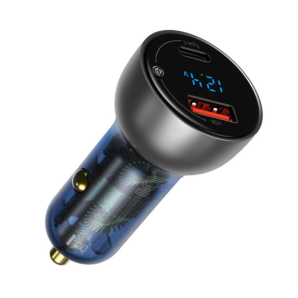 Carregador de carro Baseus USB / USB Tipo C 65 W 5 A SCP Quick Charge 4.0+ Power Delivery 3.0 Tela LCD transparente (CCKX-C0A)