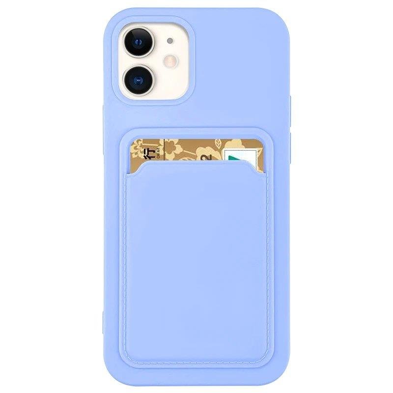 Capa de Cartão de Silicone com Bolso para Cartões e Documentos para iPhone 13 Pro Max na cor roxa