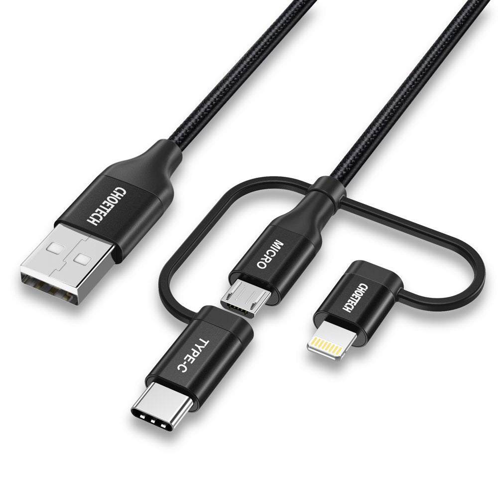 Cabo USB Choetech 3 em 1 MFI Lightning / USB Tipo C / micro USB (Carregamento 3A / transferência de dados 480 Mbps) 1,2 m preto (IP0030-BK)