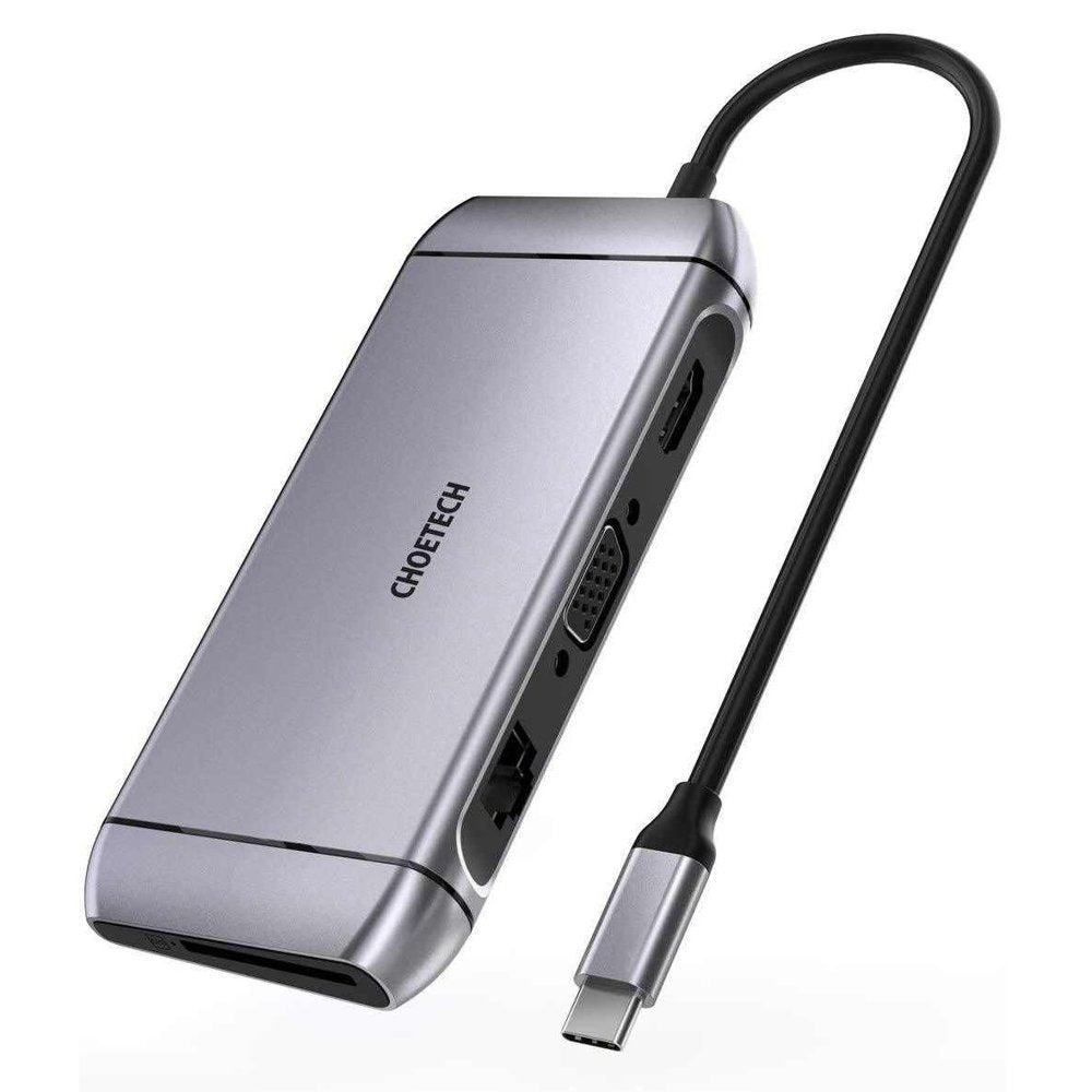 Choetech 9 em 1 Hub Multifuncional USB Tipo C - 3x USB 3.2 Gen 1 / leitor de cartões SD e TF / HDMI 4K 30Hz / VGA Full HD 60Hz / USB Tipo C / RJ45 cinza (HUB-M15 cinza)