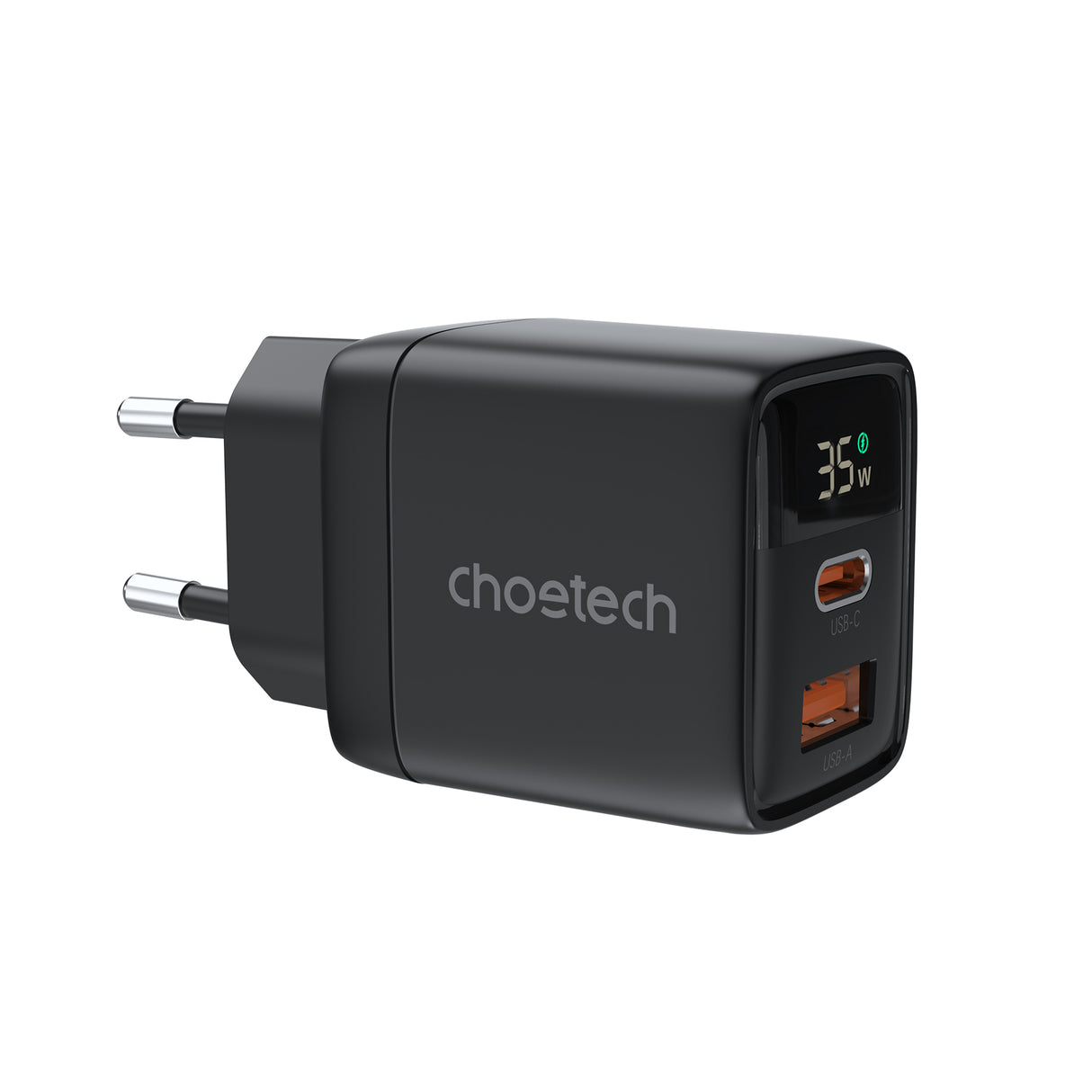 Carregador de rede Choetech PD6052 USB-C USB-A PD 35W GaN com display - preto