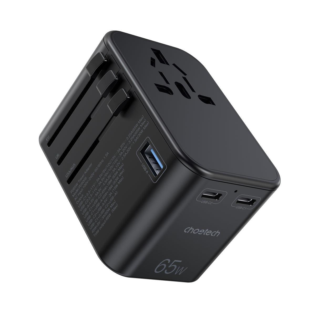 Adaptador de viagem Choetech PD5009-BK GaN EU / US / UK / AU 2x USB-C USB-A 65W PD - preto