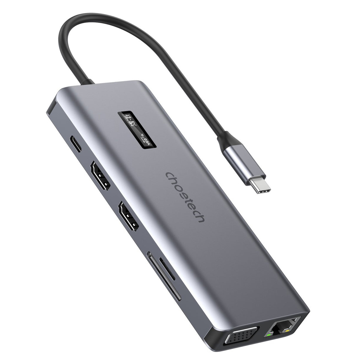Choetech HUB multifuncional com display 12 em 1 USB-C para 1xUSB-C/4xUSB-A/2xHDMI/1xVGA/1xAUX/leitor de cartão de memória cinza (HUB-M26)