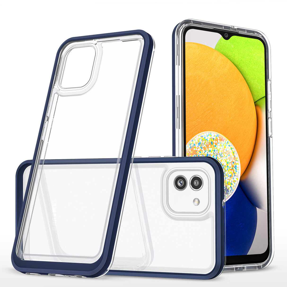 Capa de silicone 3 em 1 transparente com moldura para Samsung Galaxy A03, na cor azul.