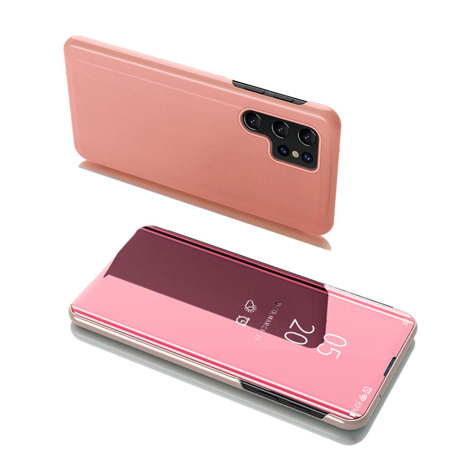 Capa Clear View com aba para Samsung Galaxy S22 Ultra na cor rosa.