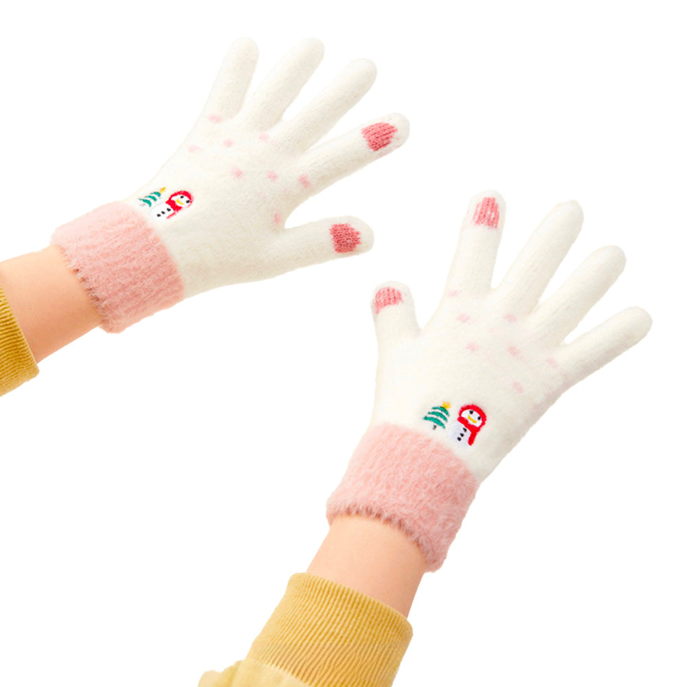 Luvas de inverno femininas para telemóvel com boneco de neve e árvore de Natal - branco e rosa