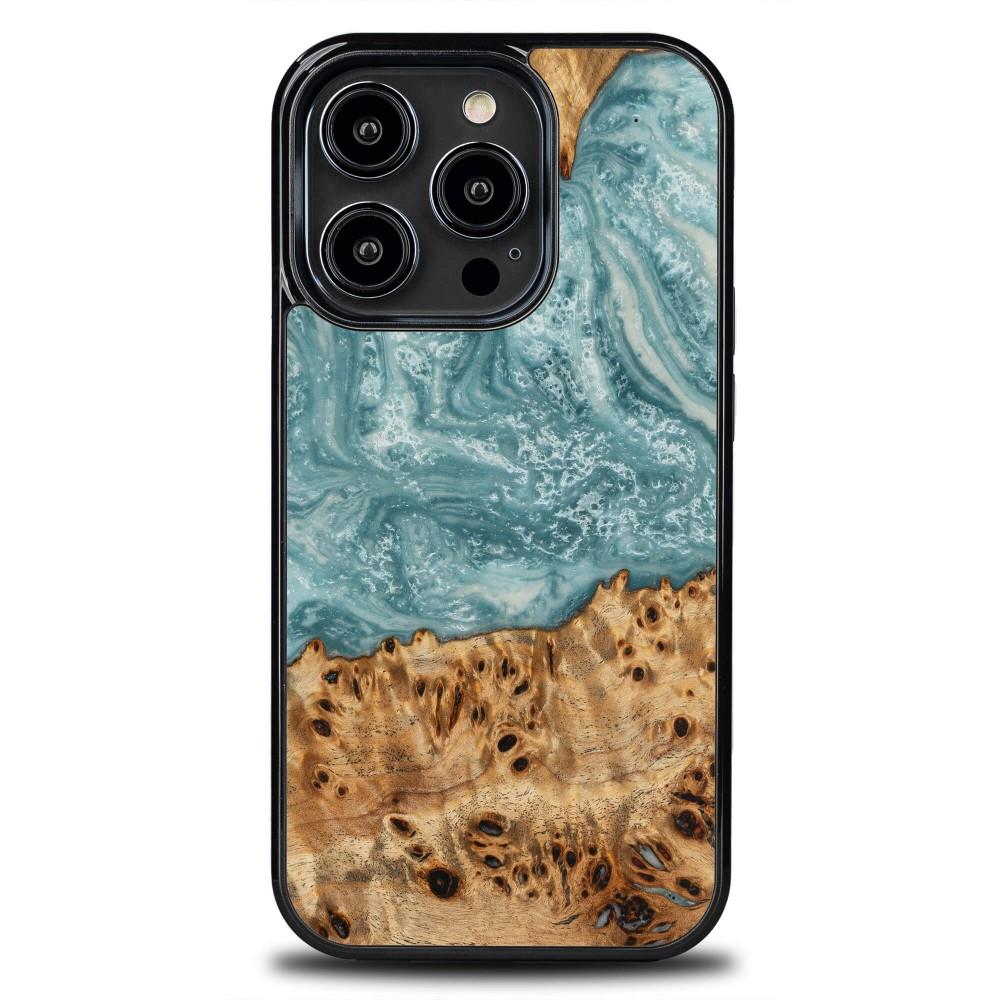Capa para iPhone 15 Pro Bewood Unique Uran em madeira e resina - azul e branca